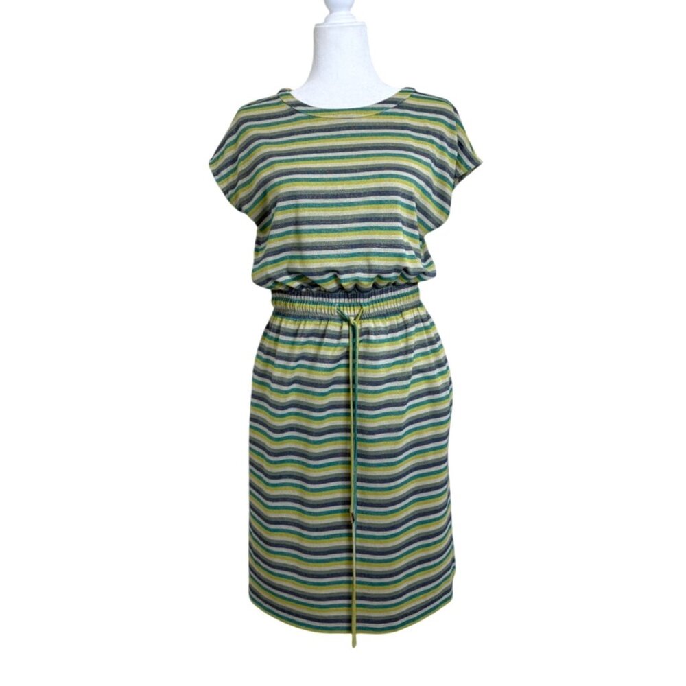 Donna Morgan Dress Short Sleeve Striped Metallic Green Yellow Elastic Waist Sz 4